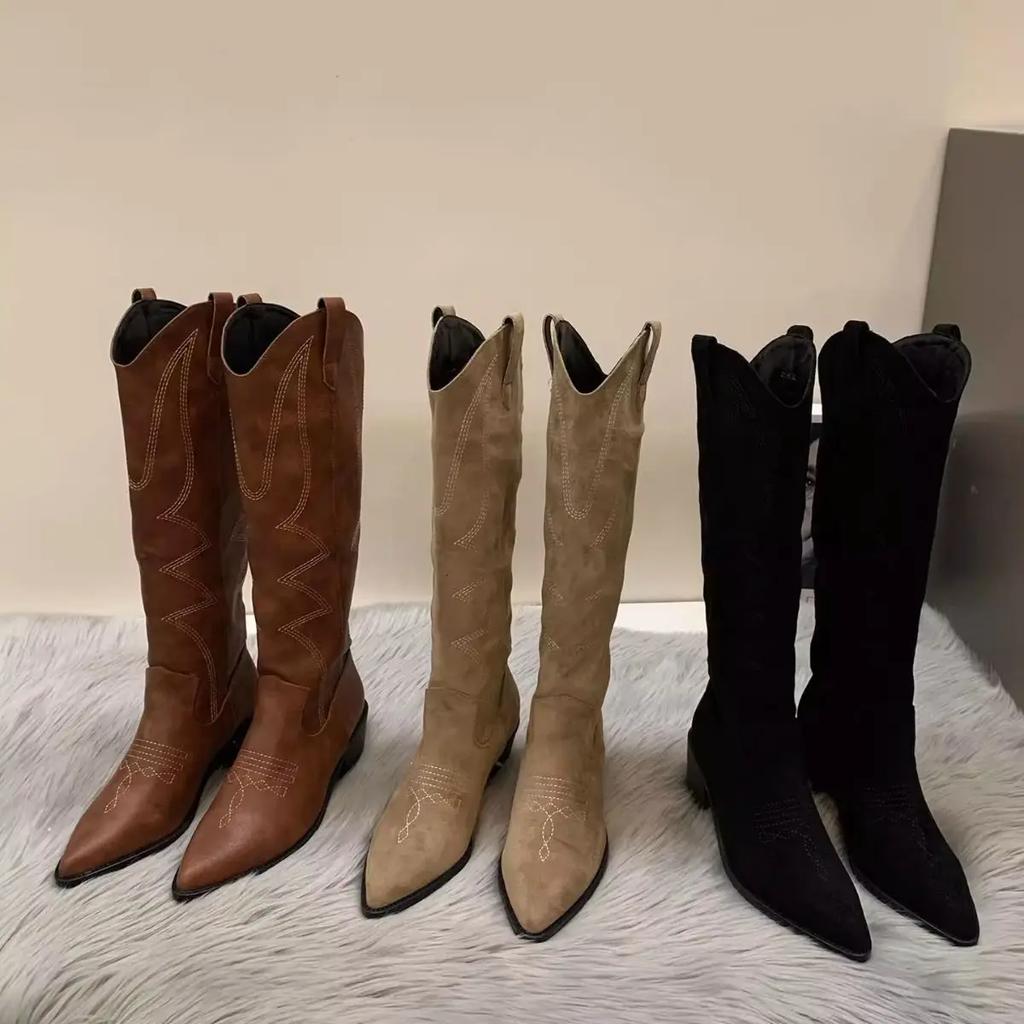Fashion Woman Cowgirl Boots Fashion Slip On Ladies Elegant Square Low Heel Knee High Boots Shoes Women's Winter Footwear