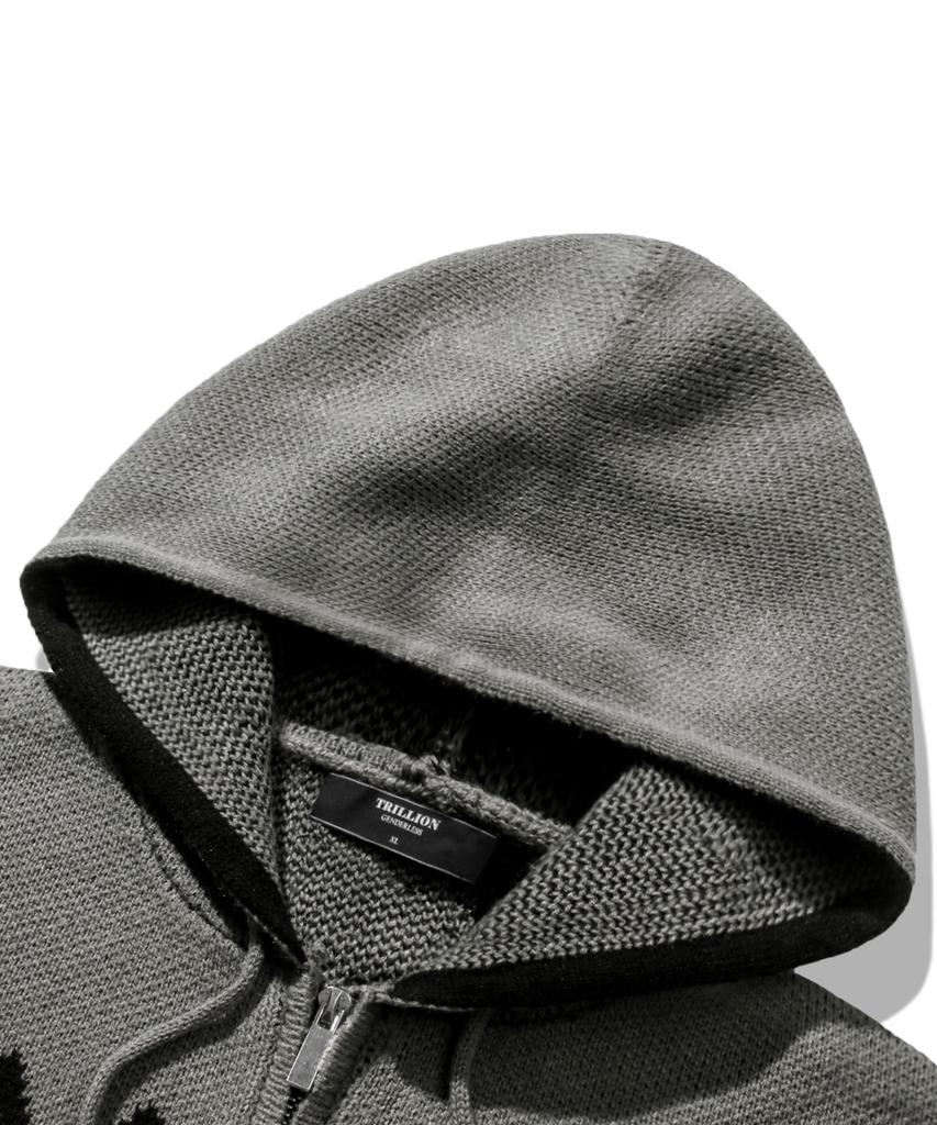 TRILLION Washable Nordic Jacquard 2-Way Hooded Zip-Up Knit [Gray]