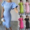 Women's Fashion Instagram Influencer Round Neck Lantern Sleeve Ruffle Hem Sexy Elegant Mermaid Dress