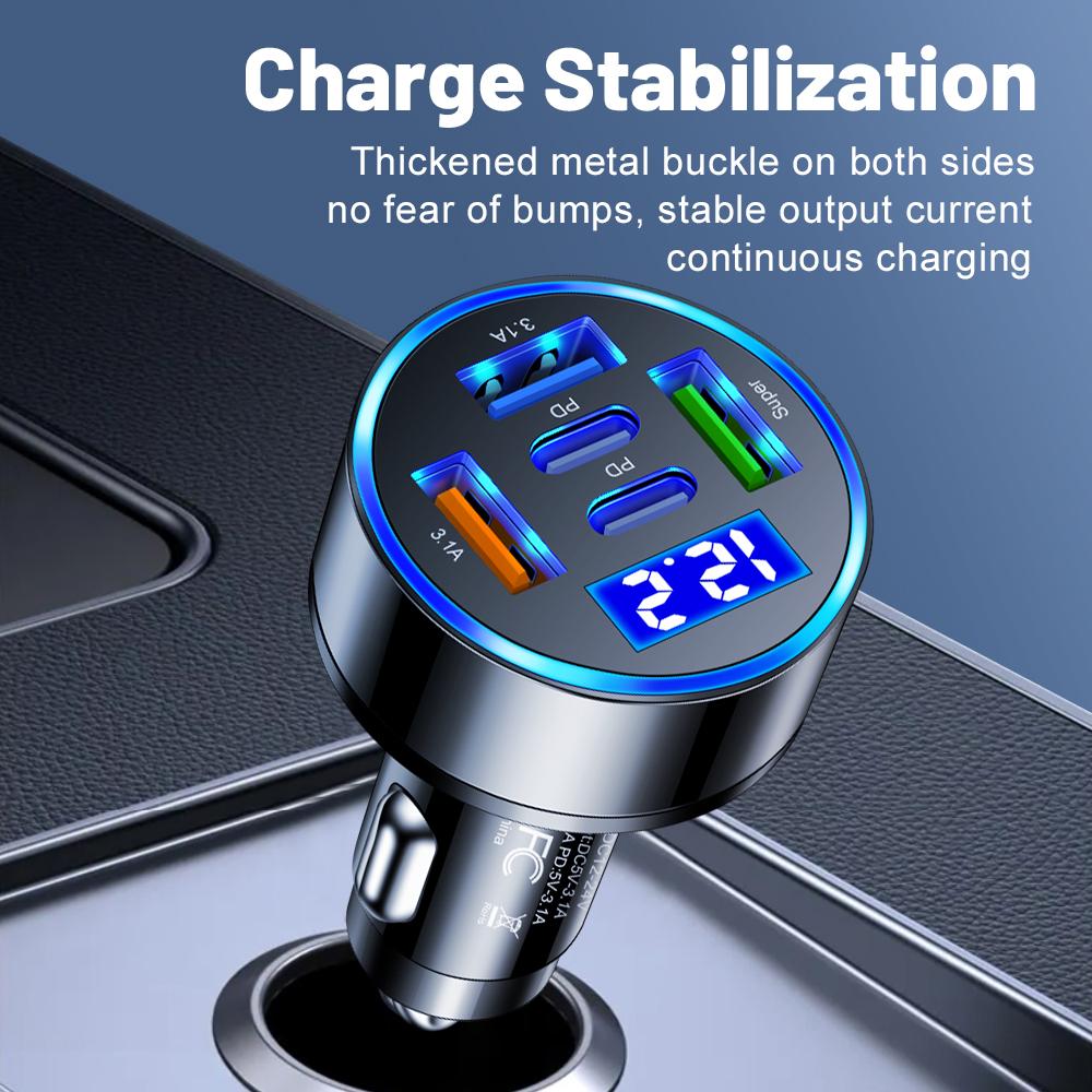 100W 5 Ports Car Charger Fast Charging PD QC3.0 USB C Car Phone Charger Type C Adapter In Car For iPhone Samsung Xiaomi