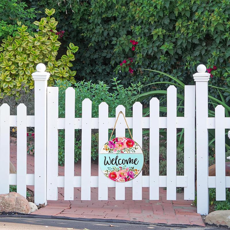 Деревянная подвесная табличка с цветком, Приветственная акварельная цветочная дверная табличка, Круглая фермерская рустикальная подвеска на входную дверь, 11,8"X11,8"