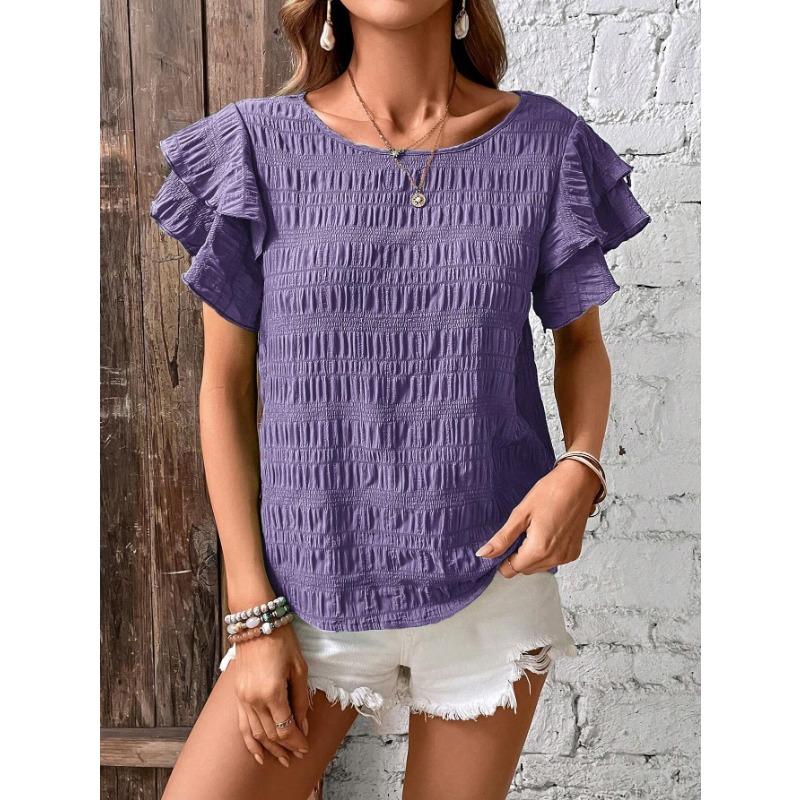 VEZFAA Женские модные повседневные летние весенние однотонные блузки и рубашки с короткими рукавами и круглым вырезом с принтом