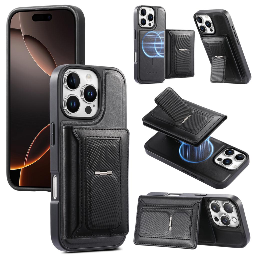CASENEO For iPhone 16 Pro Max Detachable Magnetic Phone Case with Card Holder Kickstand TPU PU Leather PC Phone Cover Compatible with MagSafe