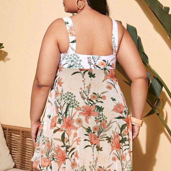 Женское монокини больших размеров с U-образным вырезом без рукавов и растительным принтом, цельный купальник с разрезом по краю, купальный костюм с контролем живота, быстросохнущая пляжная одежда