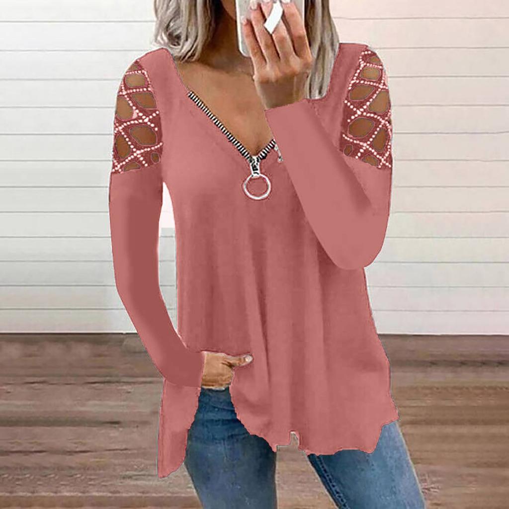 Women S V Neck Solid Casual Top With Rhinestones Long Sleeve