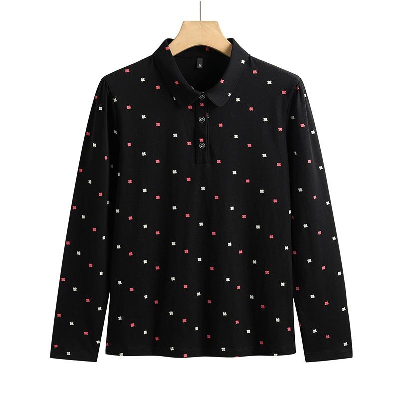 Women's Spring T-shirt New All-over Printed Long-sleeved Lapel Polo Shirt Korean Version Slim Fit Cotton Comfortable Temperament