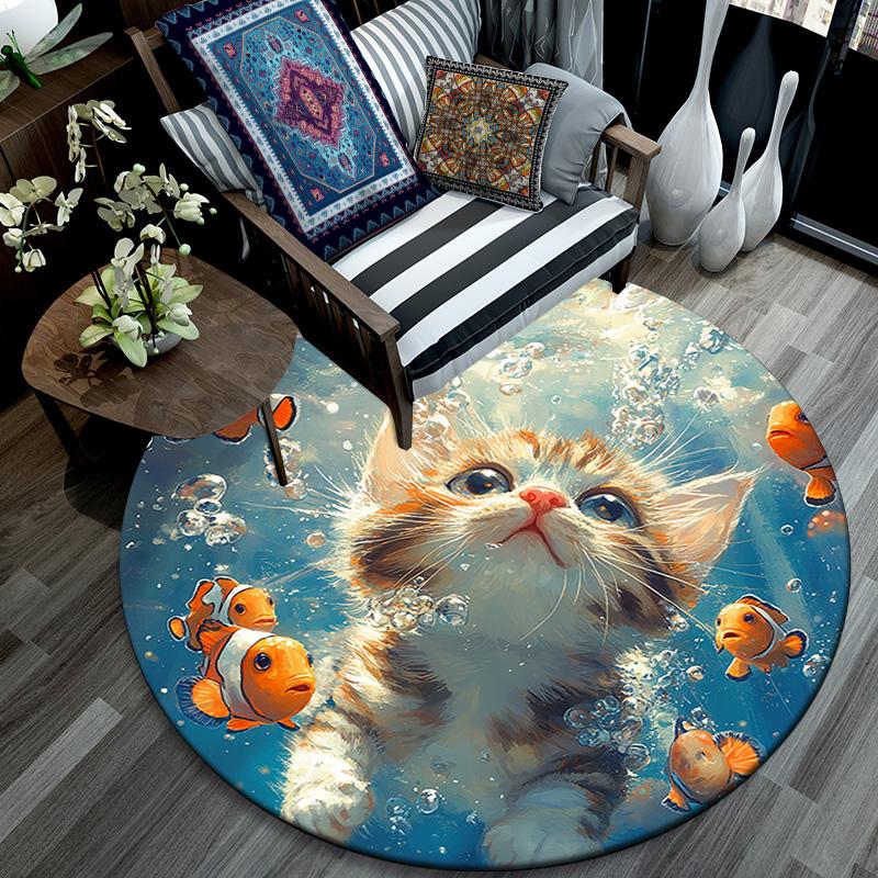 Kitten Clownfish Round Area Rug,Carpet Rug for Living Room Bedroom Sofa Playroom Decor,Non-slip Floor Mat