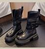 Женские осенние ботинки Мартин 2025 с пряжкой-ремнем - Универсальные, стройнящие, на толстой подошве, увеличивающие рост короткие ботинки для женщин и мужчин