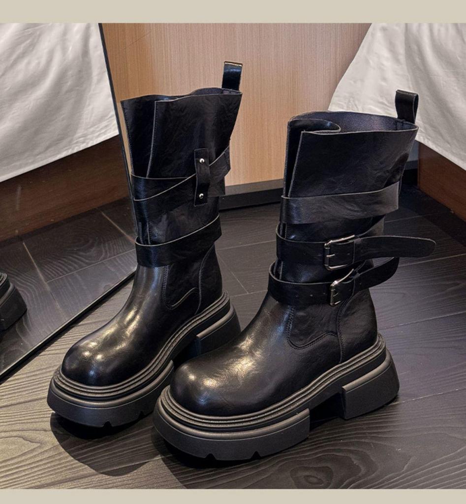 Женские осенние ботинки Мартин 2025 с пряжкой-ремнем - Универсальные, стройнящие, на толстой подошве, увеличивающие рост короткие ботинки для женщин и мужчин