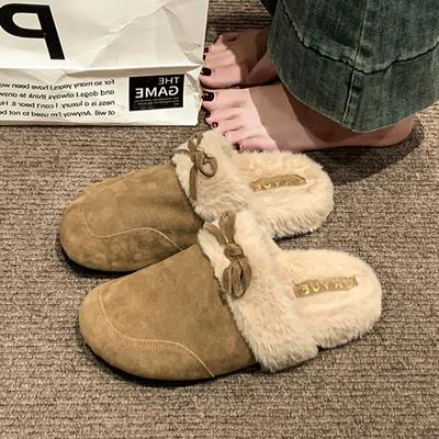 Меховые женские тапочки балетки с бантом мюли туфли платье женщина хлопковая обувь зима 2025 новый дизайнер теплые mujer botas