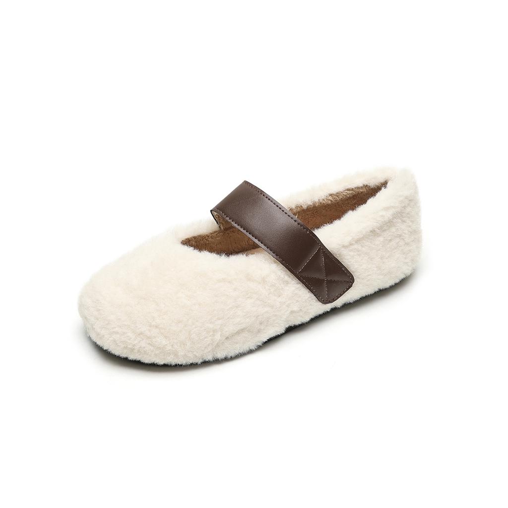 Flat-bottomed Fluffy Shoes for Women's Winter Wear, One-word with Plush Warm Shoes