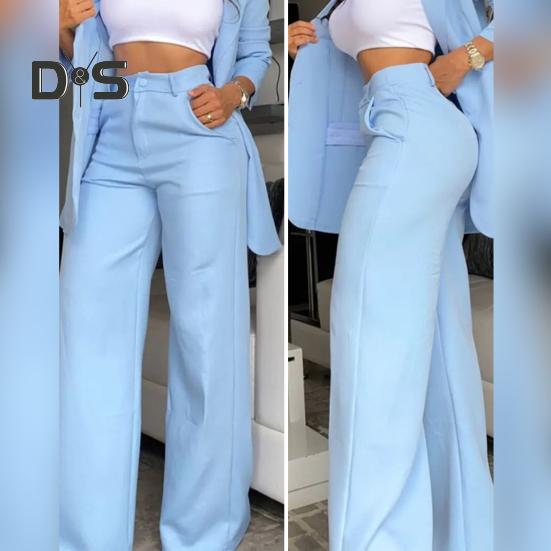 2 Pcs/Set Women Coat Pants Suit Single-breasted Turn-down Collar Long Sleeve Catdigan Jacket Wide Leg Straight High Waist Pants Lady Commute Coat