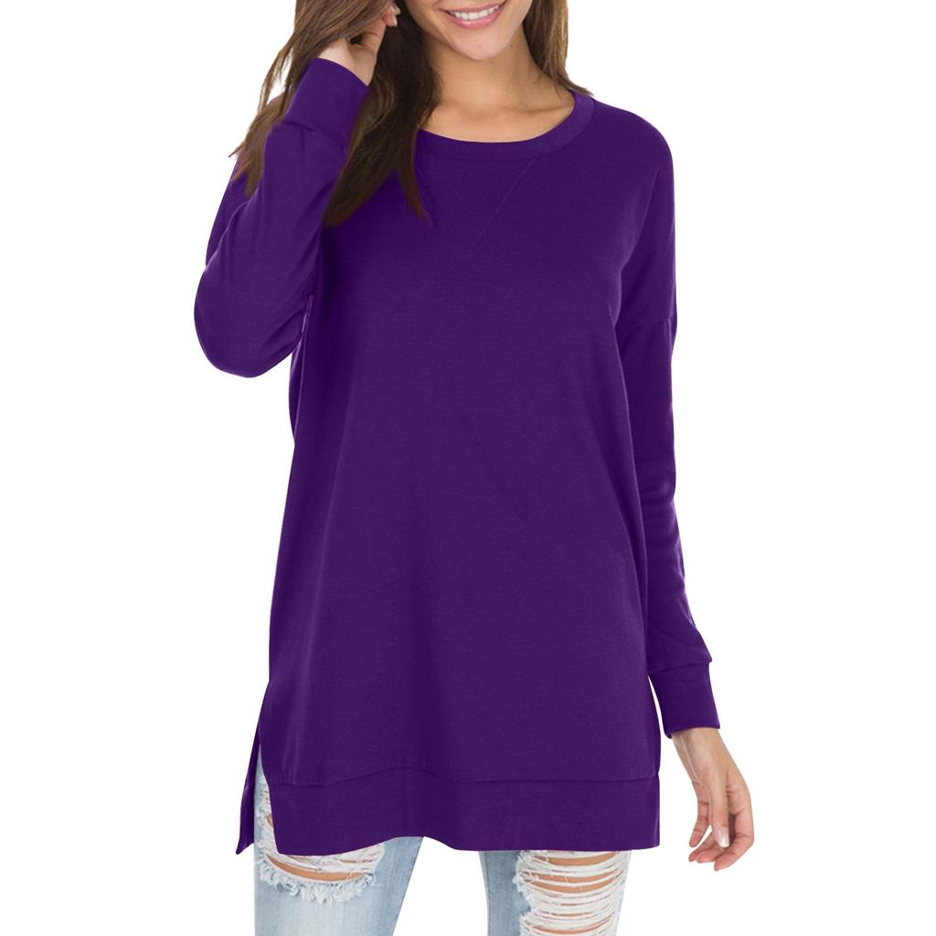 Women's Fall Long Sleeve Side Split Loose Blouses Casual Pullover Tunic Tops