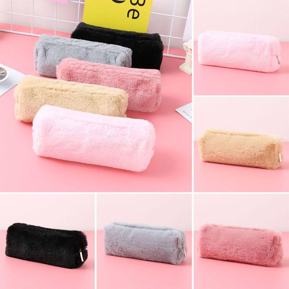 Makeup Pouch Handbags Plush Pencil Case Large Capacity Pencil Bag Stationery Pen Bag Solid Color