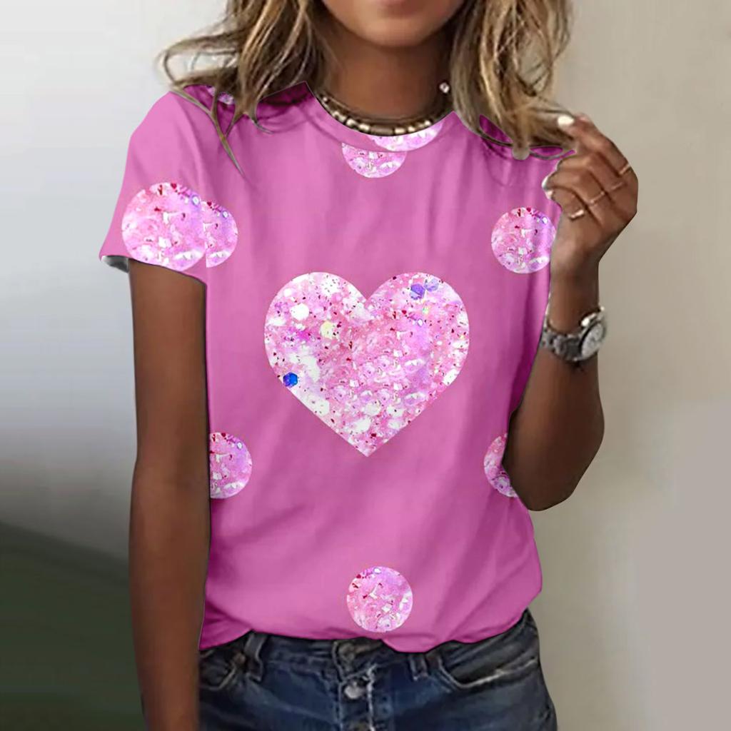 Женская футболка Летний топ с круглым вырезом 3D Красная футболка ко Дню Святого Валентина Модная футболка Универсальная женская большого размера с коротким рукавом