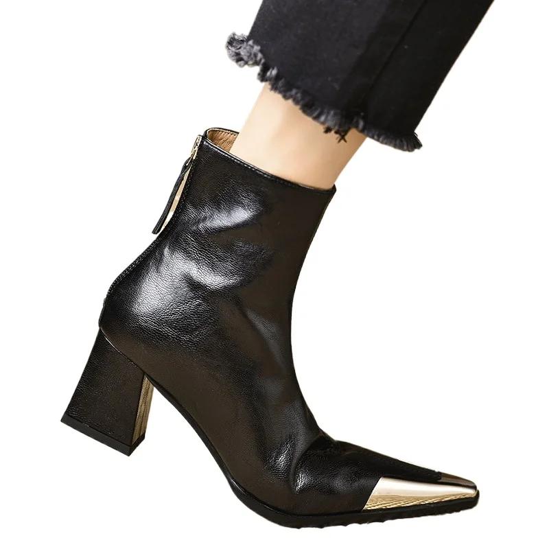 2024 Женская обувь Ботильоны женские Элегантные современные ботинки Женские металлические украшения Острый носок Молния сзади Высокие каблуки Женская обувь