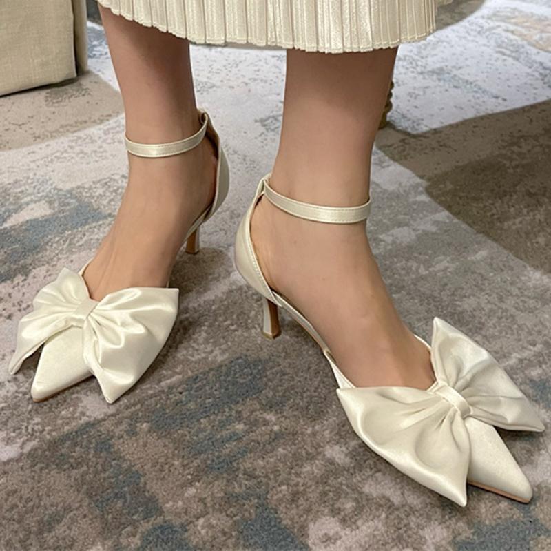 Летние женские атласные босоножки на высоком каблуке 7 см, женские атласные туфли с острым носком на низком каблуке, элегантные шелковые туфли с бантом для свадебной вечеринки