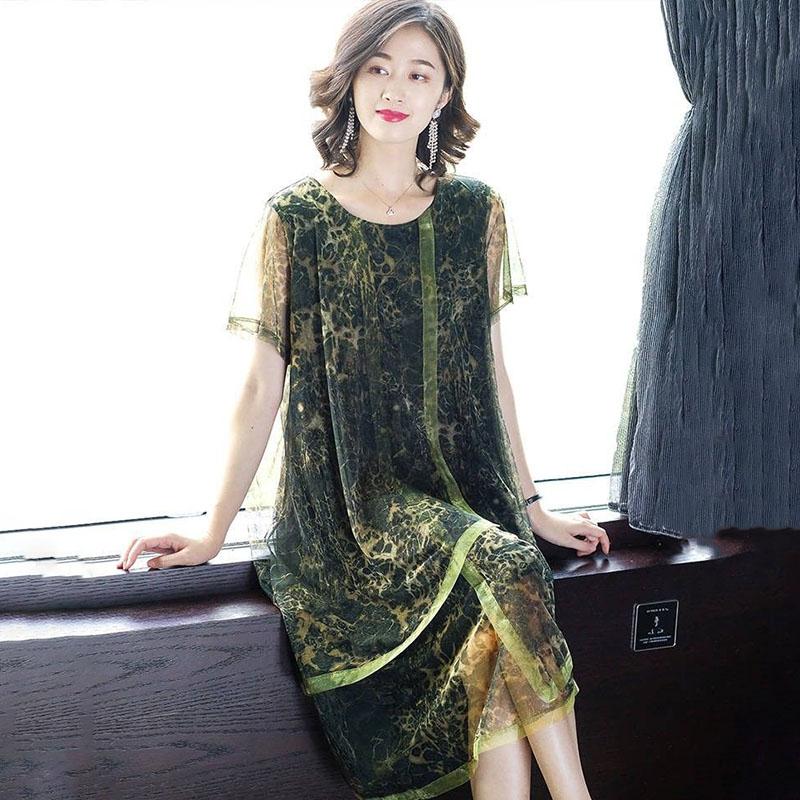 Платье женское летнее большого размера широкое свободное винтажное поддельное двухсекционное кружевное шелковистое мягкое простое повседневное длинное платье