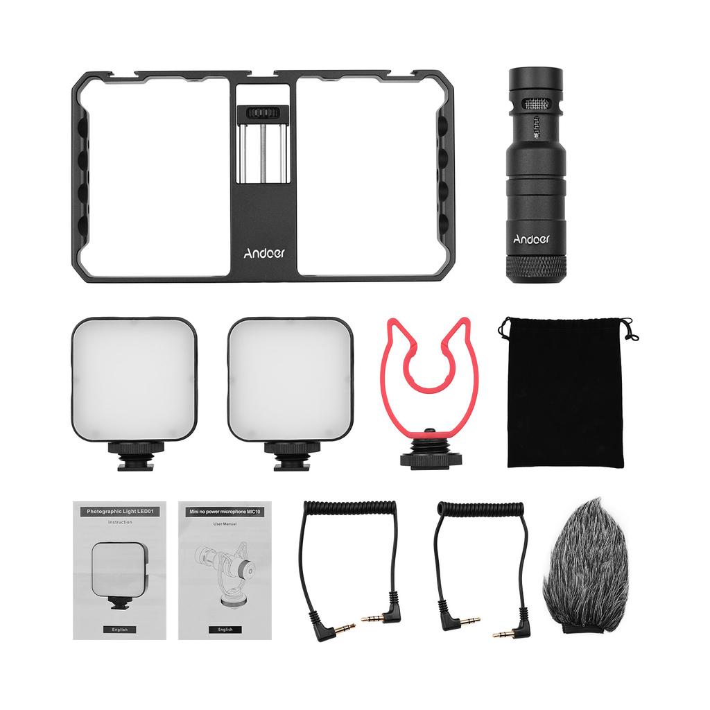 Andoer Smartphone Video Rig Grip with Rig Dual LED Light Microphone with Shock Mount for Vlog
