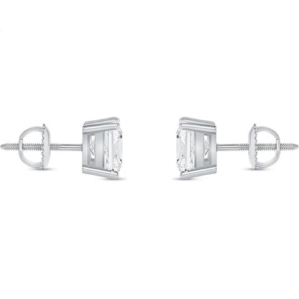 Jewels Prim 3.5 Ct Princess Cut Earrings Studs Real Solid 14K White Gold Screw Back Basket