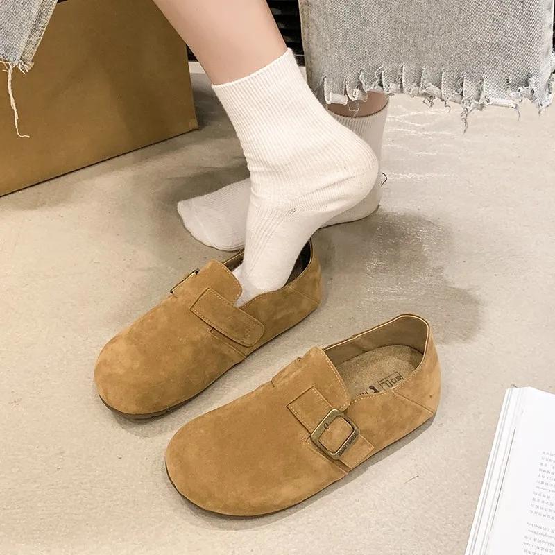 Fashion Casual Shoes Retro Leather Mule Clogs Slippers Outdoor Soft Cork Belt Buckle Slides Flat Shoes for Women 2025