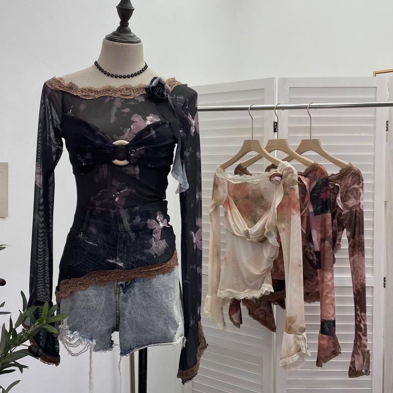 Lace-Spliced Off-Shoulder Tie-Dye Mesh T-Shirt - Women's One-Shoulder Short Top