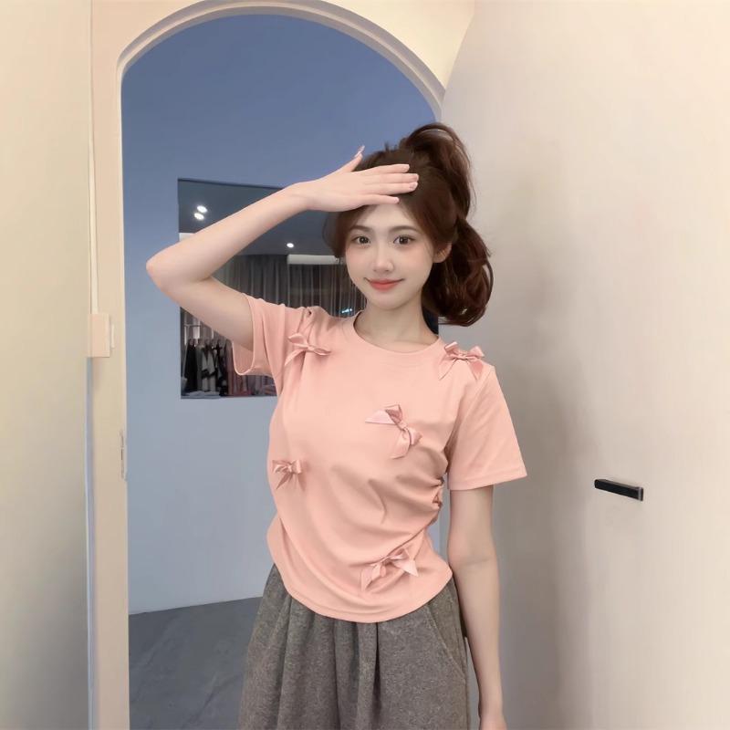 Женская футболка с короткими рукавами и открытыми плечами, стереоскопический бант, корейский топ Sweet Sister без талии