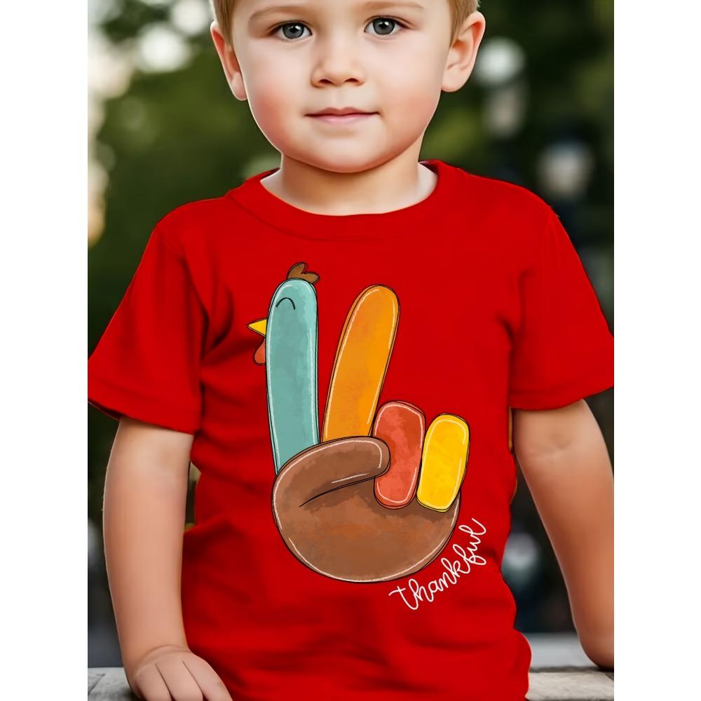 Summer Boys' Fashion T-shirt "Yeah!" Cute Short-sleeved Casual Top with Thanksgiving Letter Print Thankful