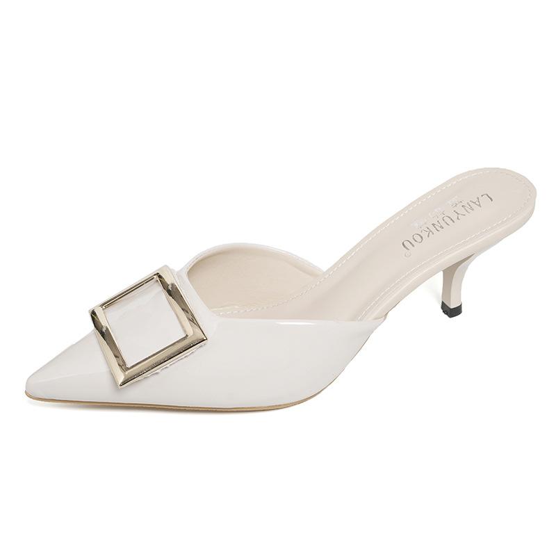 Women's Shoes 2025 Spring New Square Head Square Buckle Light Mouth Thick Heel High Heel Slippers Patent Leather Bag Head Half Slippers Outer Wear Wo