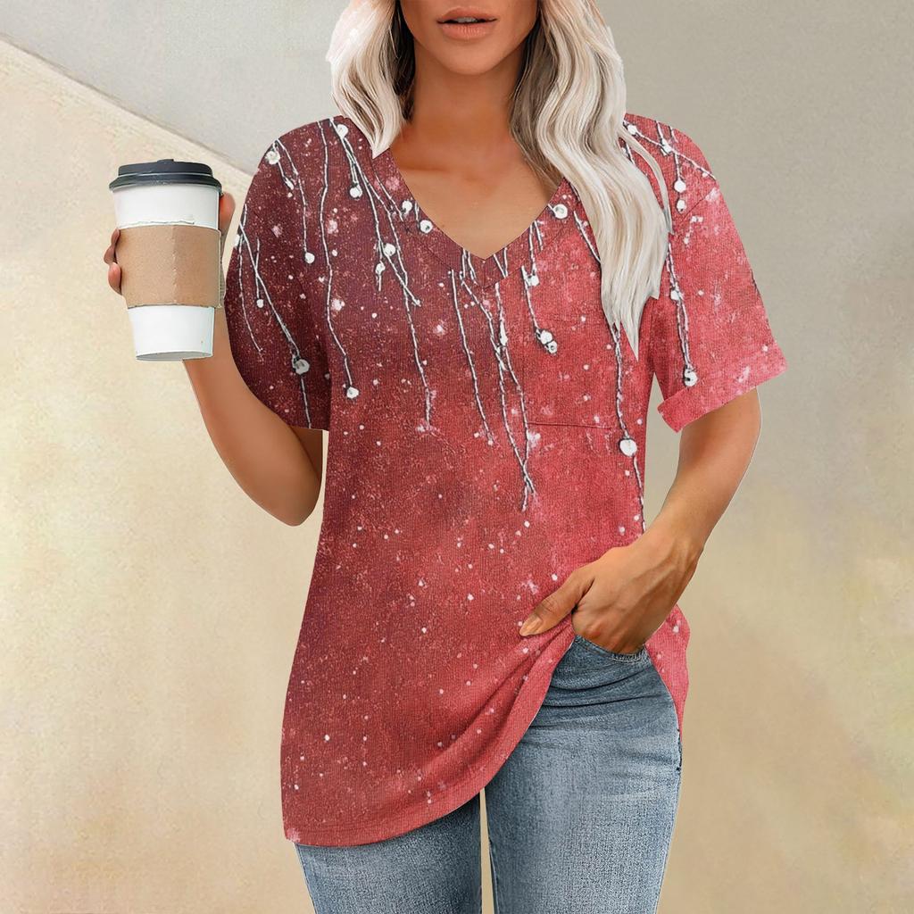 Женская модная футболка с коротким рукавом и V-образным вырезом с карманом и цветочным принтом