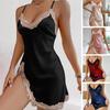 Lady Summer Nightdress Cross Strap Back Deep V Neck Sleeveless Satin Sleepwear Lace