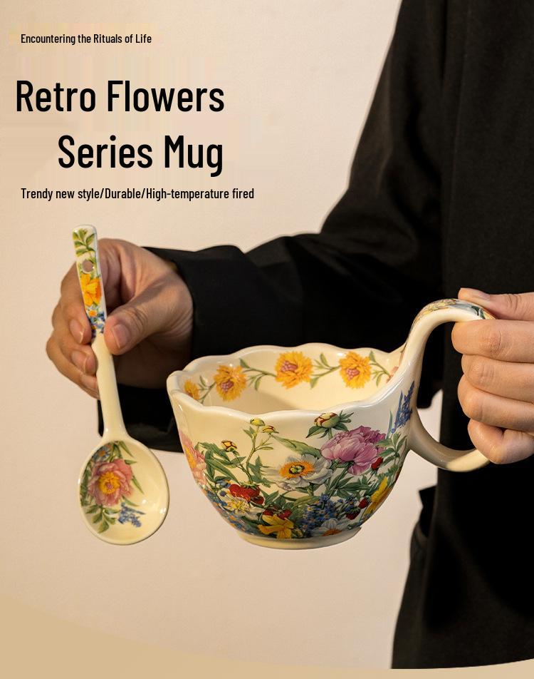 Керамическая кружка с изогнутой ручкой, ложкой и блюдцем, цветочный дизайн, идеально подходит для завтрака, овсянки, молока, кофе.