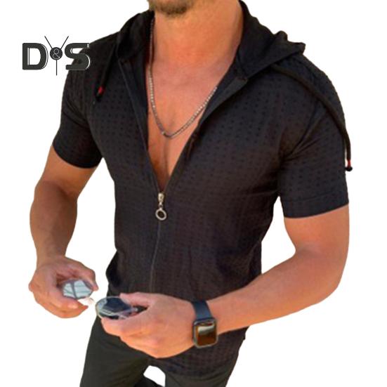 Мужская футболка с капюшоном, короткими рукавами, клетчатая футболка на молнии, повседневный тонкий летний топ для спорта, отдыха на природе, пляжа