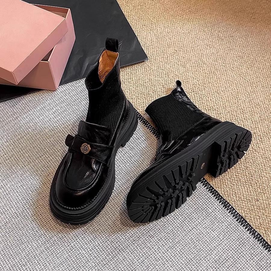 Cowhide Version~ Xiaoxiangfeng Camellia Leather Knitted Elastic Socks Boots Women's Thin Boots Retro Thick-soled British Short Boots