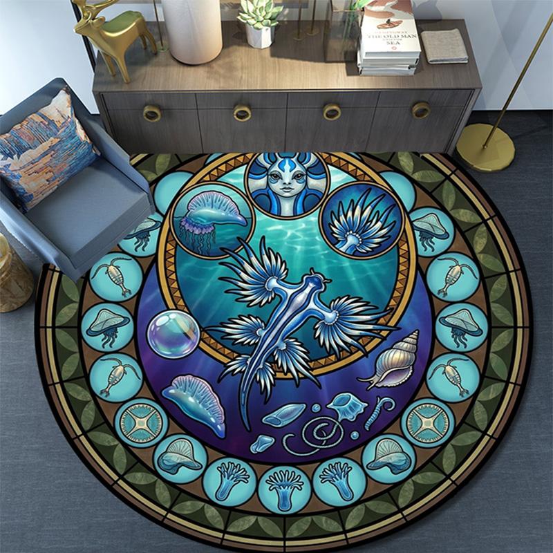 Aquatic Life Mandala Round Area Rug Under Office Chairs Bedroom Living Room Home Decor