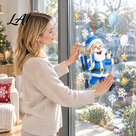 Removable Christmas Glass Stickers Static Window Cling Cartoon Blue Santa Stickers Reusable DIY Seasonal Displays Decor with Snowflake Balloon