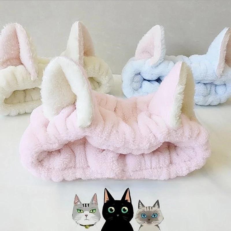 Коралловый флис повязки на голову с кошачьими ушками для женщин, милые мягкие повязки для волос, мытье лица, макияж, тюрбаны, повязки на голову, аксессуары для волос для девочек