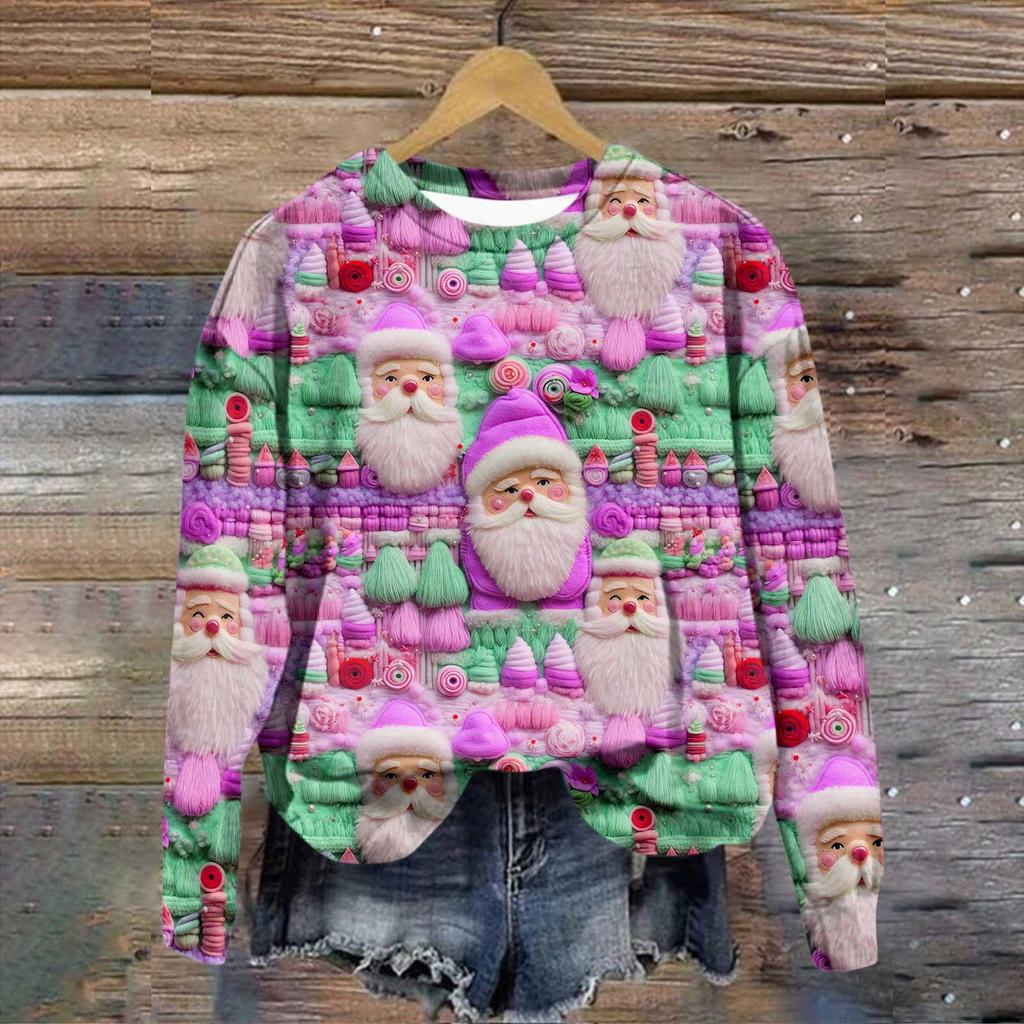 Женская повседневная модная рождественская печать с длинным рукавом и круглым вырезом, пуловер, верхняя блузка