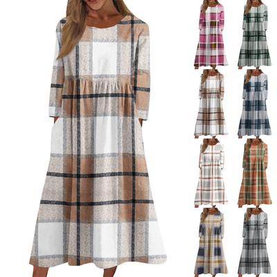 Женское повседневное миди-платье с круглым вырезом и клетчатым принтом, с длинным рукавом и карманом