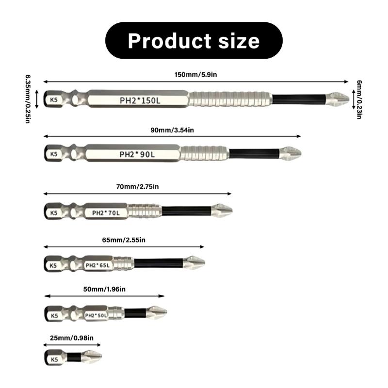 Сверхпрочный набор магнитных насадок для отвертки и дрели, 6 шт., противоскользящая конструкция, подходит для электрической, ручной и ударной дрели-шуруповерта