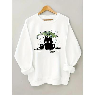 Две кошки с листьями лотоса для защиты от дождя Принт Женское худи на осень и зиму 2025 Круглый вырез Длинный рукав Женская одежда