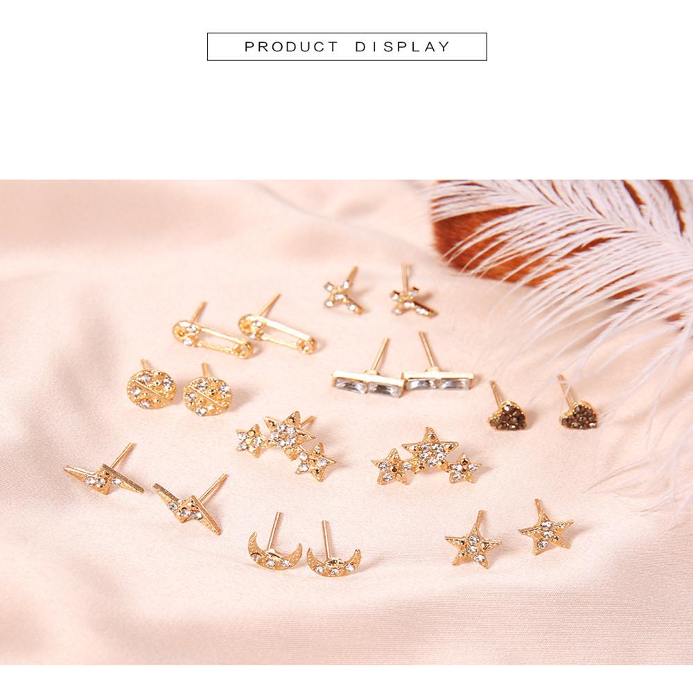 GADBLESJEW 9 Pairs/set Moon Stars Heart Lightning Bijoux Crystal Stud EarringS