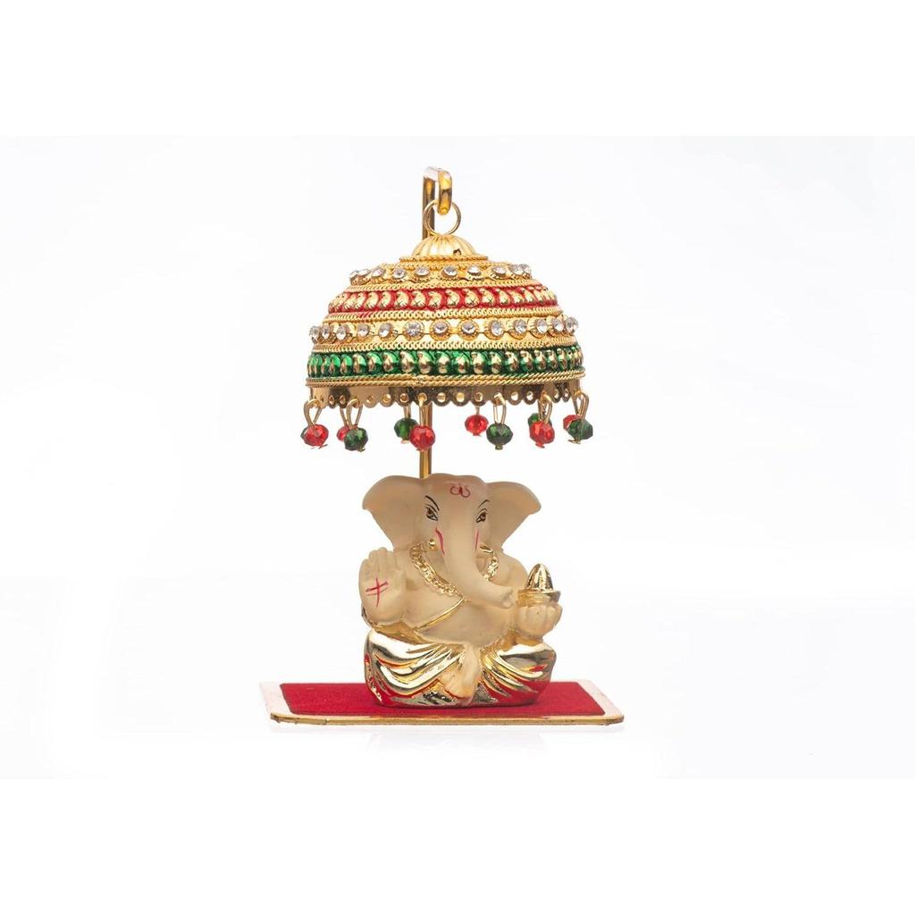 Metal Umbrella Chhatra with Hanging Crystals for Car Dashboard/Office Desk/Table/Home Decor Showpiece, Chatri Aasan for God Murt