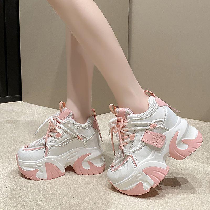 Весенне-осенние женские массивные кроссовки, кожаная повседневная обувь на скрытом каблуке 10 см, женская спортивная обувь на высокой платформе с кристаллами, женская спортивная обувь для папы