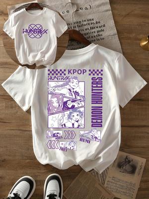 Женская футболка с графикой Kpop Devil Hunter, белая, с фиолетовыми комикс-принтами, легкий топ с круглым вырезом для поклонников корейских дорам и аниме