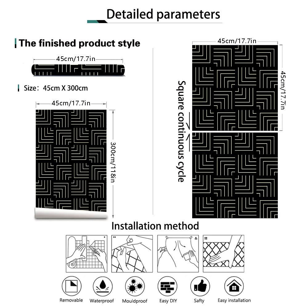 Геометрические самоклеящиеся обои Черный греческий ключ Контактная бумага Утолщенные водонепроницаемые самоклеящиеся обои Подкладка для полок