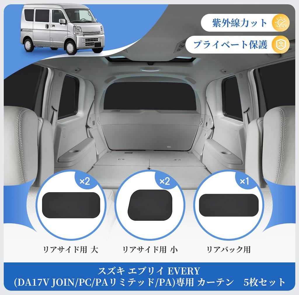 ZATOOTO Car Complete for Suzuki Every Car Camping Set of Curtains, Blackout, (DA17V JOIN/PC/PA Limited/PA) - Magnetic, Curtains, 5, Black, CT111-QZ