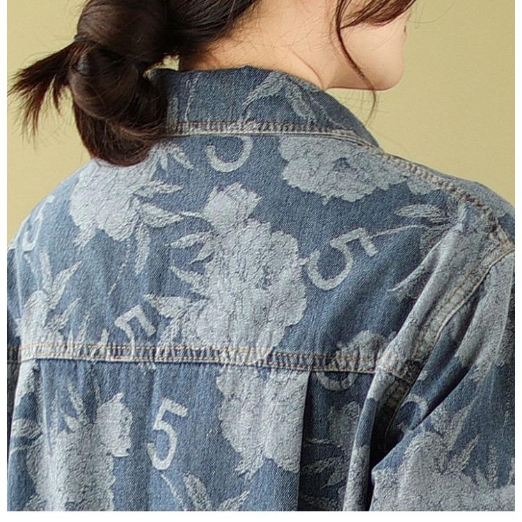 Винтажная джинсовая куртка с цветочным принтом для женщин, ретро-ковбойская рубашка большого размера