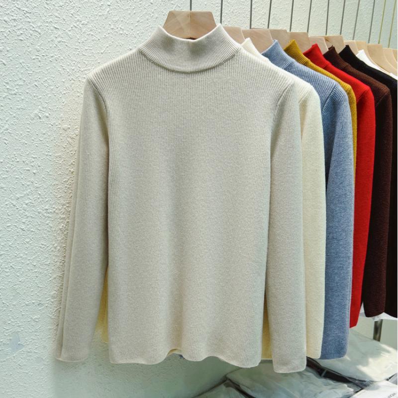 Autumn Warm Velvet Knitted Women's Sweater Casual Winter New Thicken Half High Collar Base Pullover Sweaters Elegant Solid Slim Plush Knitwears 25206