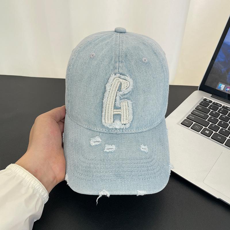 Washed hole letter embroidery baseball cap summer wide brim retro denim sun hat showing face small men's and women's peaked caps